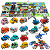 20 Pack Pull Back Alloy Car Toy with Play Mat for Kids 4-8-12, Alloy Fire Truck, Police Car, Engineering Vehicle, Ambulance, Helicopter with 18 PCS Traffic Sign Gift for Boys and Girls