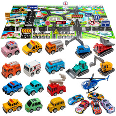 20 Pack Pull Back Alloy Car Toy with Play Mat for Kids 4-8-12, Alloy Fire Truck, Police Car, Engineering Vehicle, Ambulance, Helicopter with 18 PCS Traffic Sign Gift for Boys and Girls