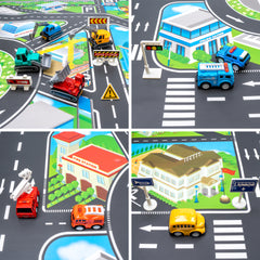 20 Pack Pull Back Alloy Car Toy with Play Mat for Kids 4-8-12, Alloy Fire Truck, Police Car, Engineering Vehicle, Ambulance, Helicopter with 18 PCS Traffic Sign Gift for Boys and Girls