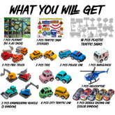 20 Pack Pull Back Alloy Car Toy with Play Mat for Kids 4-8-12, Alloy Fire Truck, Police Car, Engineering Vehicle, Ambulance, Helicopter with 18 PCS Traffic Sign Gift for Boys and Girls