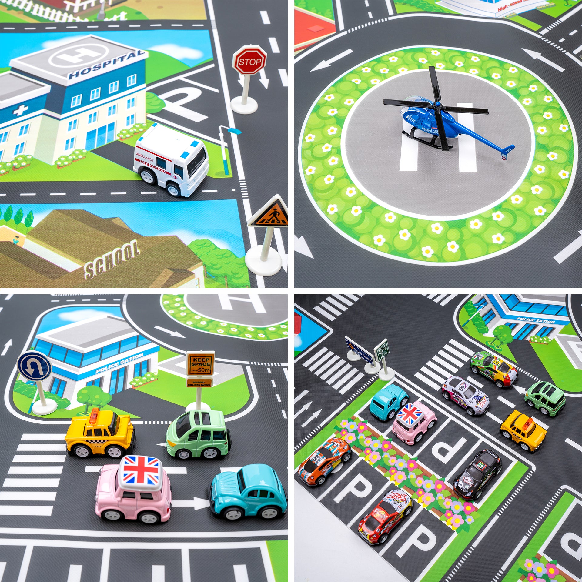 20 Pack Pull Back Alloy Car Toy with Play Mat for Kids 4-8-12, Alloy Fire Truck, Police Car, Engineering Vehicle, Ambulance, Helicopter with 18 PCS Traffic Sign Gift for Boys and Girls